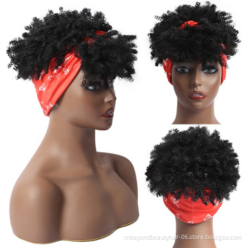 Afro Kinky Curly Hair Banged Headband Wig Short Kinky Curly Headband Wig Afro Puff Head-Wrap Wigs